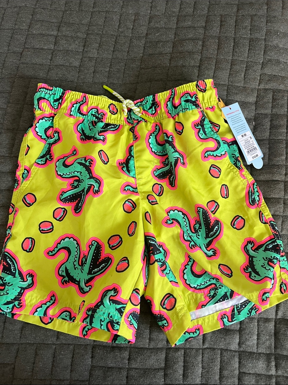 Cat & Jack Neon Yellow Swim Trunks with Teal Croc Print